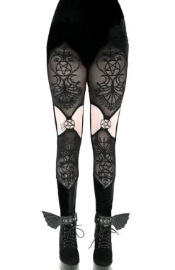 Aksamitne legginsy VESPER z haftem i pentagramami-Restyle Sale