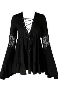 Bawełniana Sukienka Eden Black z falbanami i wiązaniem gorsetowym-Restyle Clearance