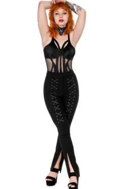 BONDED FLARE PANTS Spodnie z wysokim stanem z rozcięciami i sznurowaniem-Restyle Discount