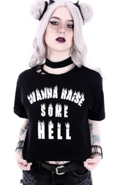 Crop top gotycka koszulka z aplikacją "WANNA RAISE SOME HELL"-Restyle Best