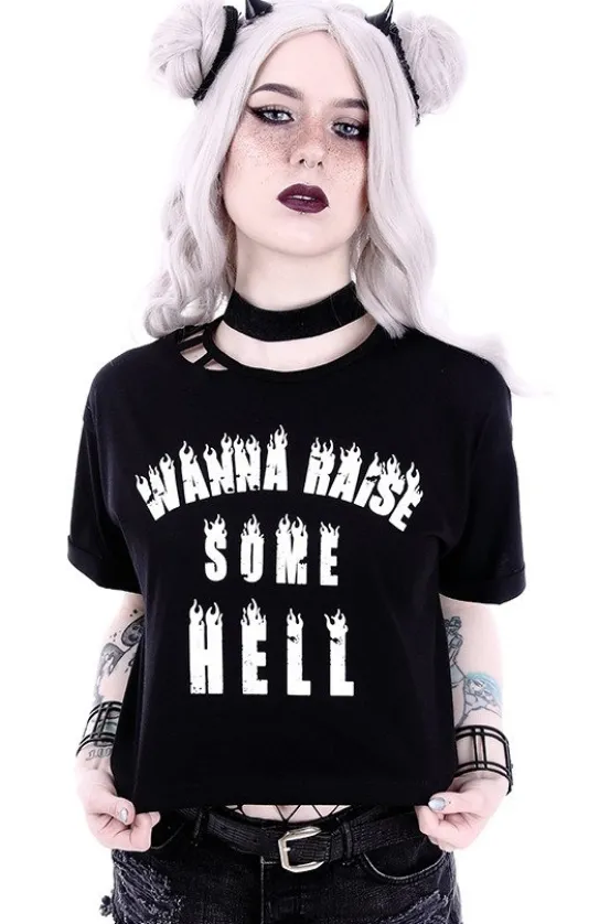 Crop top gotycka koszulka z aplikacją "WANNA RAISE SOME HELL"-Restyle Best