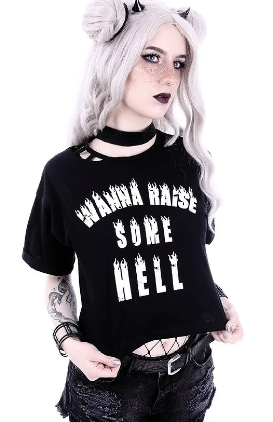 Crop top gotycka koszulka z aplikacją "WANNA RAISE SOME HELL"-Restyle Best