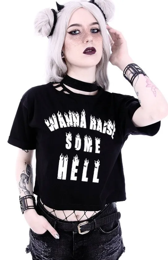 Crop top gotycka koszulka z aplikacją "WANNA RAISE SOME HELL"-Restyle Best