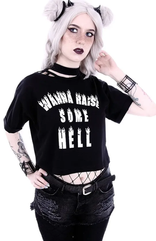 Crop top gotycka koszulka z aplikacją "WANNA RAISE SOME HELL"-Restyle Best