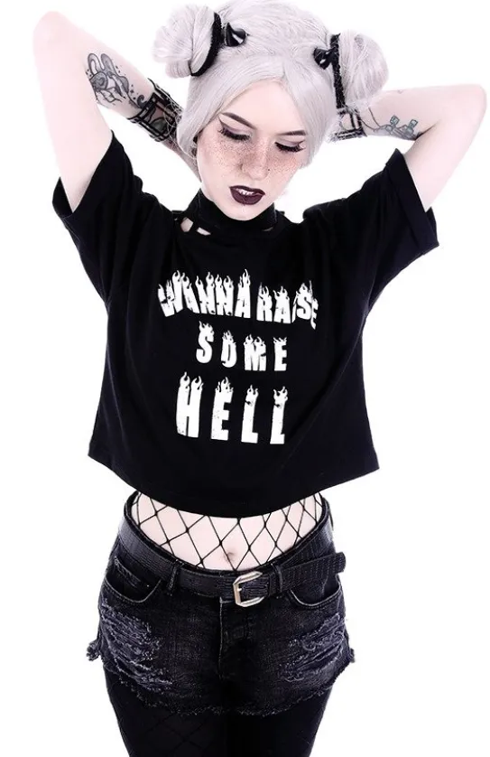 Crop top gotycka koszulka z aplikacją "WANNA RAISE SOME HELL"-Restyle Best