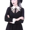 Czarna bluzka z baskinką, Biały, długi kołnierzyk, haft z księżycem "LUNA SHIRT"-Restyle Discount