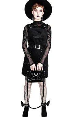 Czarna gotycka sukienka z pasem w talii i siatkowanym księżycem CORDUROY CRESCENT DRESS-Restyle Discount