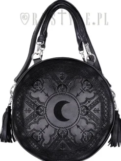 Czarna Okrągła torebka z frędzlami, torba z księżycem, haft "HENNA BLACK BAG"-Restyle Hot