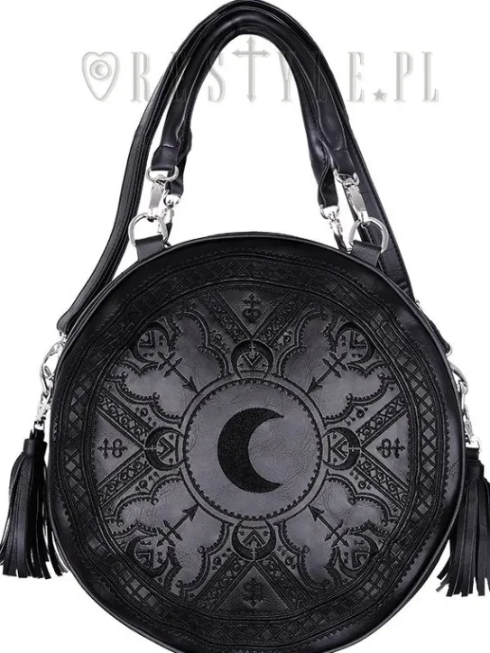 Czarna Okrągła torebka z frędzlami, torba z księżycem, haft "HENNA BLACK BAG"-Restyle Hot