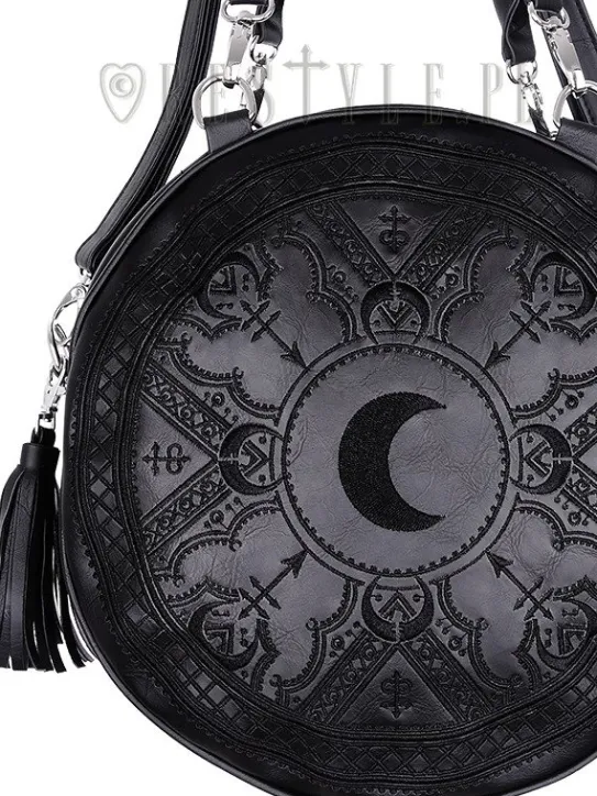 Czarna Okrągła torebka z frędzlami, torba z księżycem, haft "HENNA BLACK BAG"-Restyle Hot