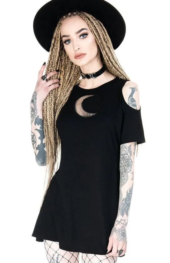 Czarna oversize`owa tunika CRESCENT DRESS, tunika księżyc cold shoulder-Restyle Fashion