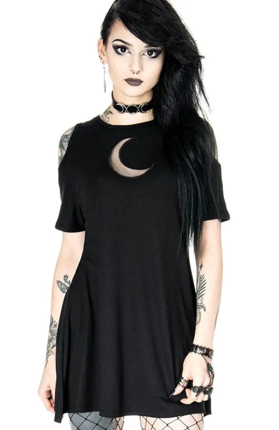 Czarna oversize`owa tunika CRESCENT DRESS, tunika księżyc cold shoulder-Restyle Fashion