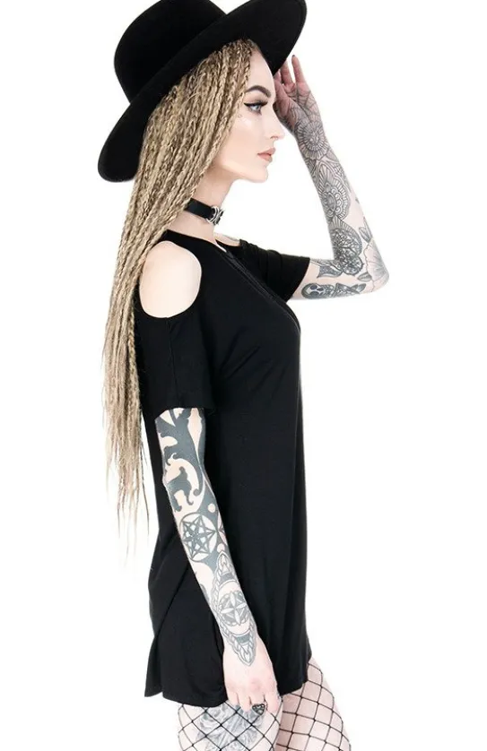 Czarna oversize`owa tunika CRESCENT DRESS, tunika księżyc cold shoulder-Restyle Fashion