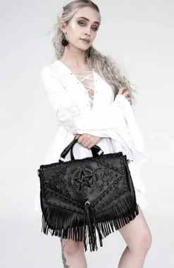 Czarna teczka, gotycka torba z frędzlami, pentagram
