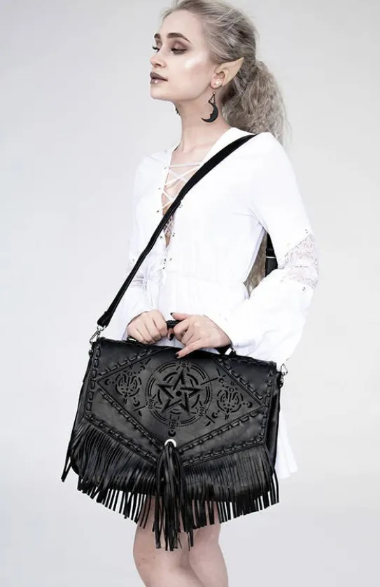 Czarna teczka, gotycka torba z frędzlami, pentagram"BOHO WITCH"-Restyle Online
