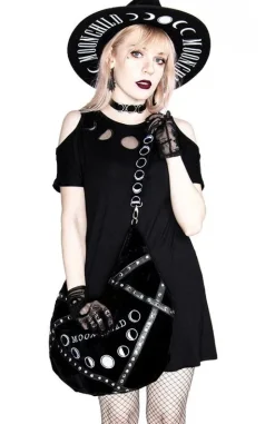 Czarna tunika MOON PHASES TUNIC, fazy księżyca cold shoulder-Restyle Online