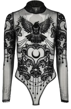 Czarne gotyckie body nylonowe z krukiem RAVEN-Restyle Best