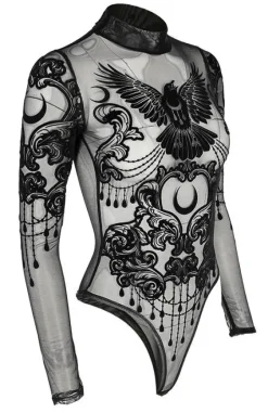 Czarne gotyckie body nylonowe z krukiem RAVEN-Restyle Best
