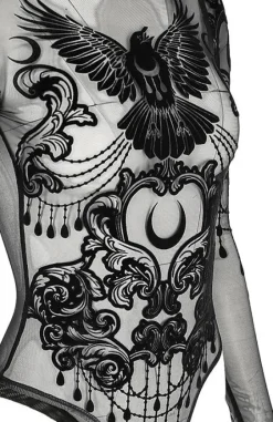 Czarne gotyckie body nylonowe z krukiem RAVEN-Restyle Best