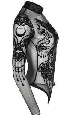 Czarne gotyckie body nylonowe z krukiem RAVEN-Restyle Best