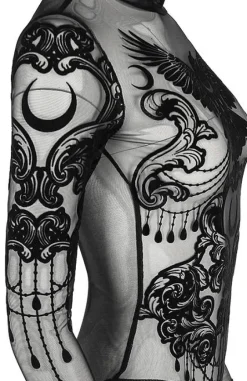 Czarne gotyckie body nylonowe z krukiem RAVEN-Restyle Best