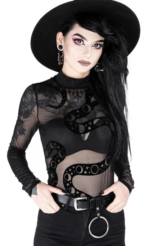 Czarne gotyckie siatkowane body z wężem SNAKE MESH BODY-Restyle Discount