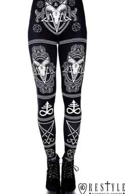Czarne legginsy z nadrukiem w czaszki i pentagramy "SATANIC LEGGINGS"-Restyle Online