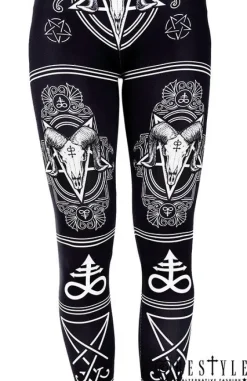 Czarne legginsy z nadrukiem w czaszki i pentagramy "SATANIC LEGGINGS"-Restyle Online