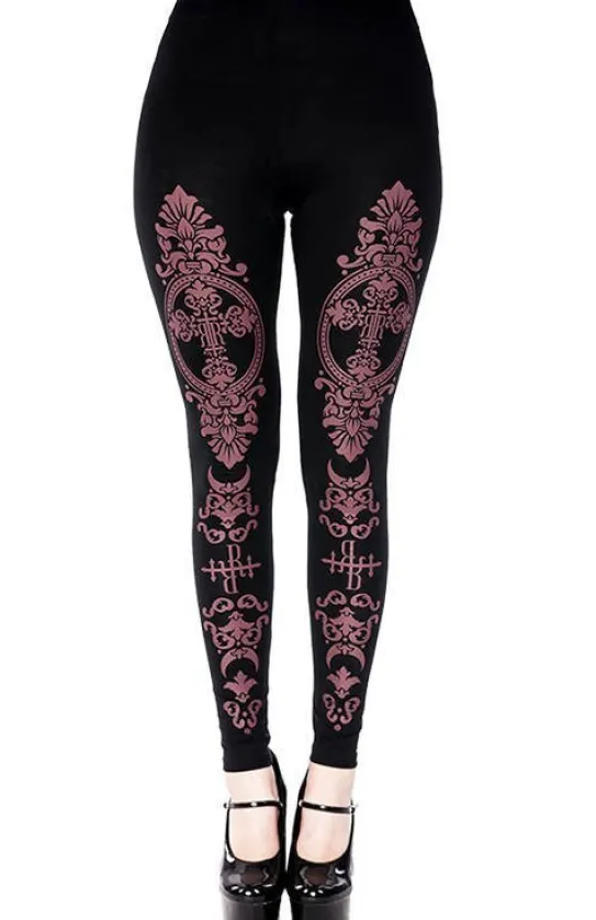 Czarne legginsy z purpurowym monogramem-Restyle Discount