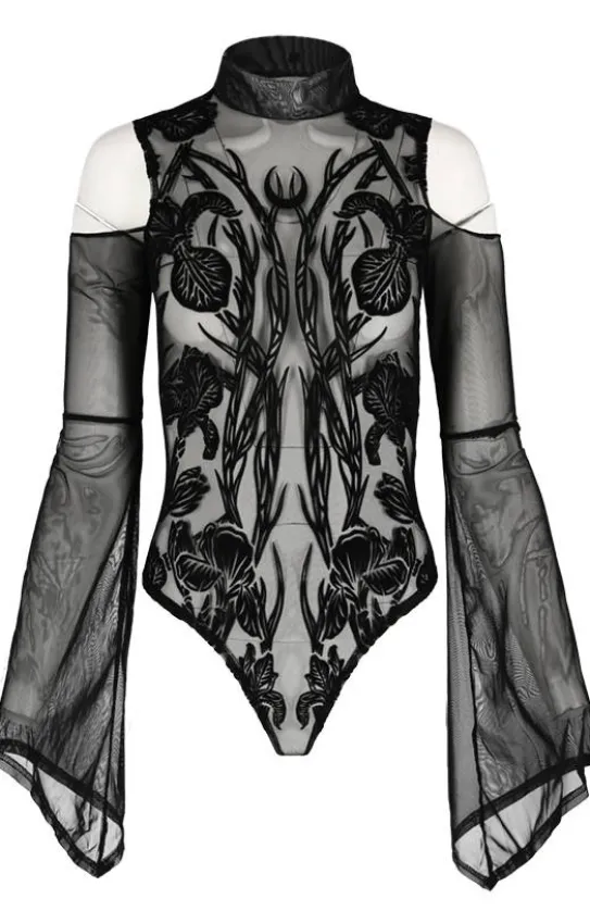 Czarne siateczkowe body z rozszerzanymi rękawami IRIS-Restyle Clearance