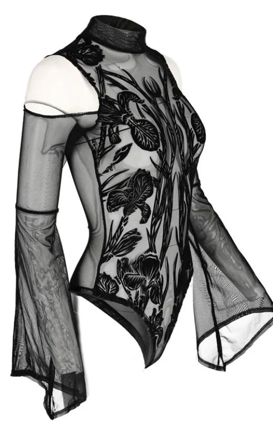 Czarne siateczkowe body z rozszerzanymi rękawami IRIS-Restyle Clearance