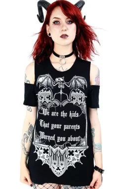 Czarny damski gotycki T-shirt cold shoulder We are the kids-Restyle New