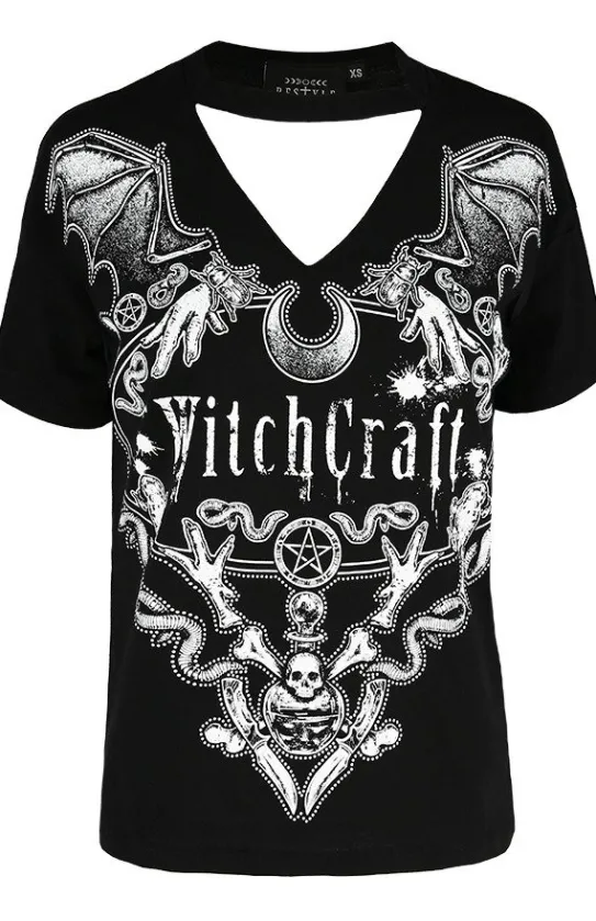 Czarny damski gotycki T-shirt z chokerem Witchcraft-Restyle Discount