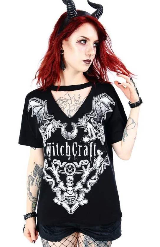 Czarny damski gotycki T-shirt z chokerem Witchcraft-Restyle Discount