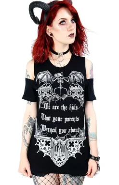 Czarny damski gotycki T-shirt cold shoulder We are the kids-Restyle New