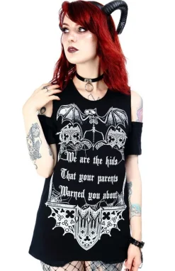 Czarny damski gotycki T-shirt cold shoulder We are the kids-Restyle New