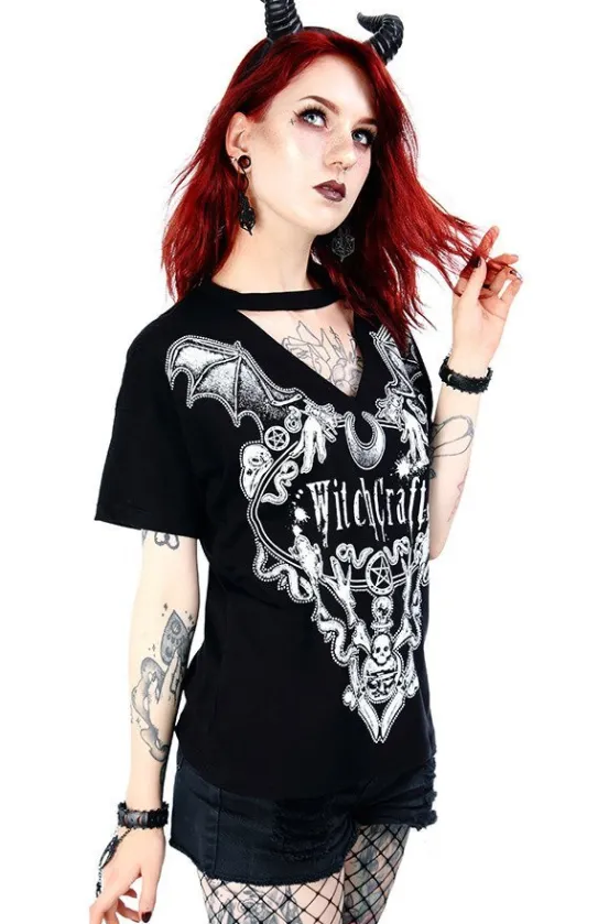 Czarny damski gotycki T-shirt z chokerem Witchcraft-Restyle Discount