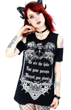 Czarny damski gotycki T-shirt cold shoulder We are the kids-Restyle New