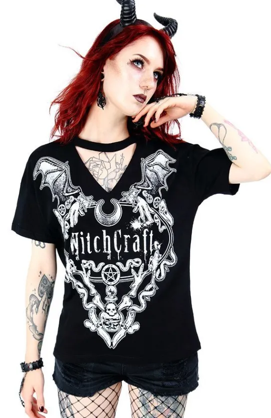 Czarny damski gotycki T-shirt z chokerem Witchcraft-Restyle Discount
