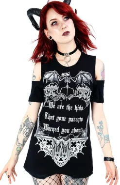 Czarny damski gotycki T-shirt cold shoulder We are the kids-Restyle New