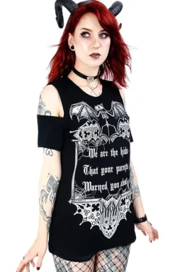 Czarny damski gotycki T-shirt cold shoulder We are the kids-Restyle New