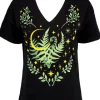 Czarny damski pogański T-shirt z chokerem Herbal V-neck Paproć-Restyle Best