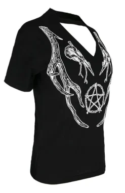 Czarny damski pogański T-shirt z chokerem ANTLERS V-neck-Restyle Online