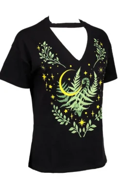 Czarny damski pogański T-shirt z chokerem Herbal V-neck Paproć-Restyle Best