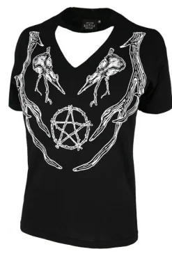 Czarny damski pogański T-shirt z chokerem ANTLERS V-neck-Restyle Online