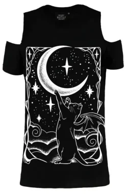 Czarny damski T-shirt CAT CRESCENT COLD SHOULDER-Restyle Hot
