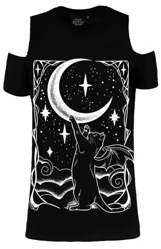 Czarny damski T-shirt CAT CRESCENT COLD SHOULDER-Restyle Hot