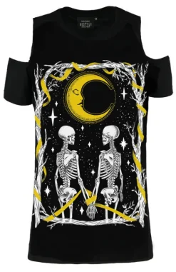 Czarny damski T-shirt SKELETON LOVERS COLD SHOULDER-Restyle Fashion