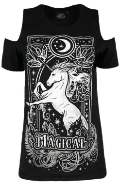 Czarny damski T-shirt cold shoulder MAGICAL UNICORN GRAY-Restyle Discount
