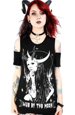 Czarny damski T-shirt cold shoulder LIVE BY THE MOON-Restyle Discount